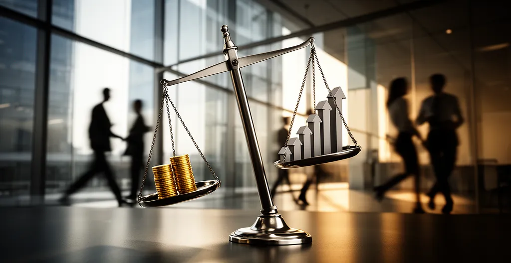 Concept visuel des risques asymétriques avec balance déséquilibrée et trajectoires exponentielles