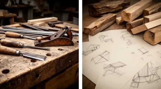 Vue d'ensemble d'un atelier artisanal traditionnel se transformant progressivement en espace de travail numérique moderne