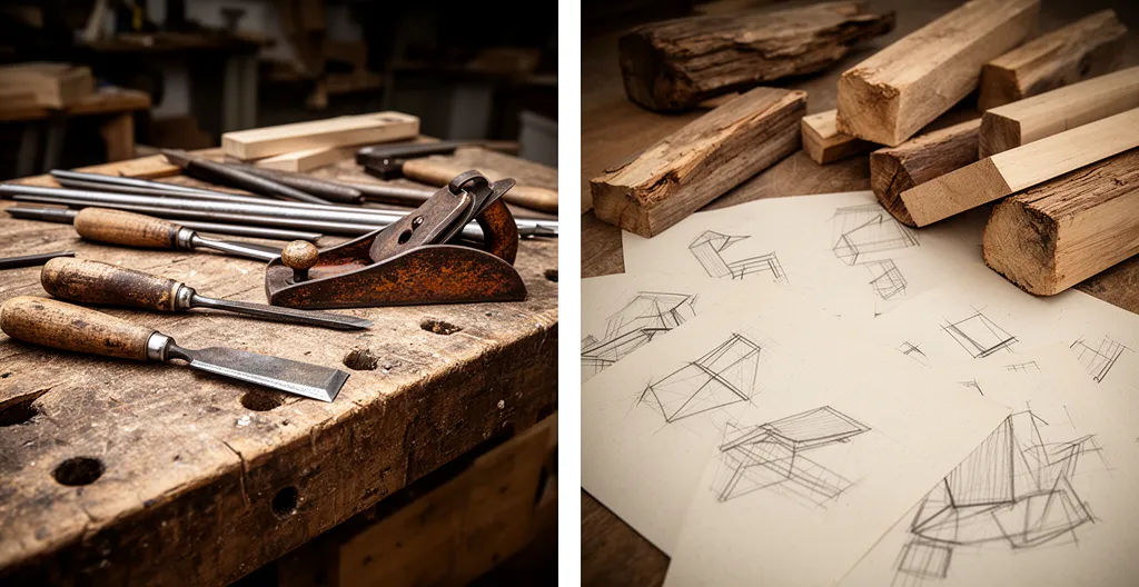 Vue d'ensemble d'un atelier artisanal traditionnel se transformant progressivement en espace de travail numérique moderne