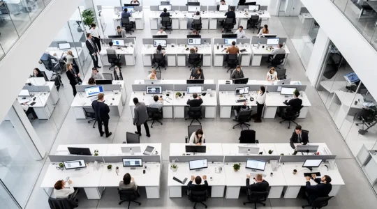 Vue aérienne d'un open space moderne avec équipes collaborant autour de tableaux stratégiques