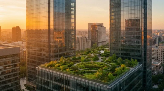 Vue aérienne d'un centre d'affaires moderne avec espaces verts intégrés montrant l'équilibre entre croissance et durabilité