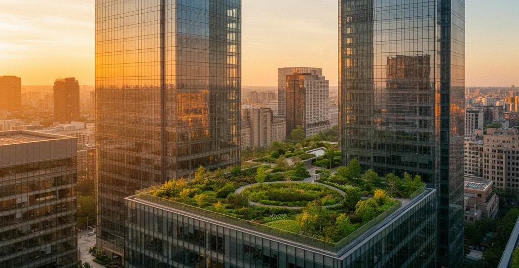 Vue aérienne d'un centre d'affaires moderne avec espaces verts intégrés montrant l'équilibre entre croissance et durabilité