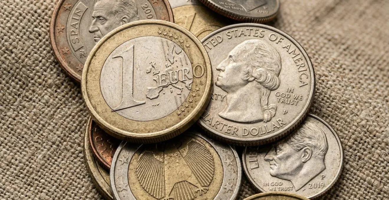 Vue macro de pièces d'euros et de dollars entrelacées sur une surface texturée