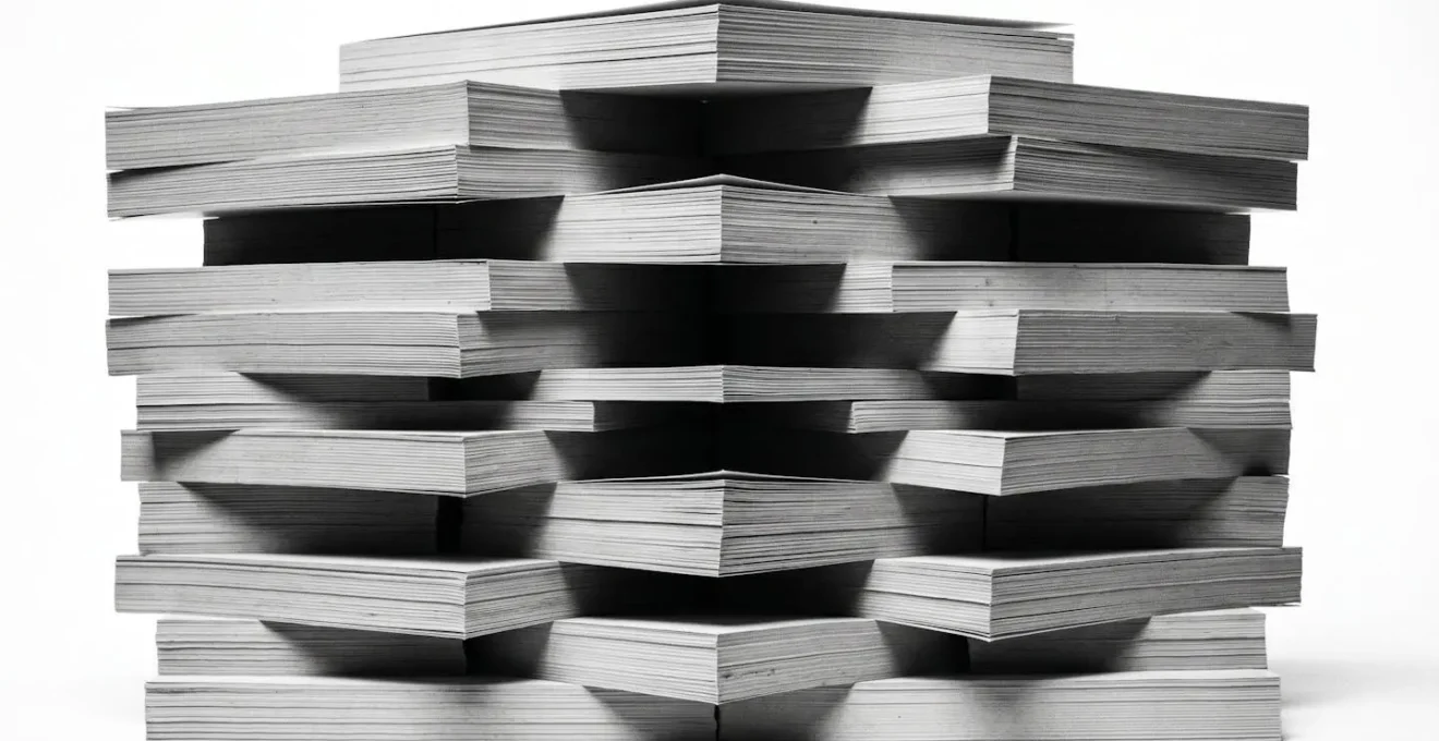 Composition symbolique montrant une pile écrasante de documents, représentant la bureaucratie.