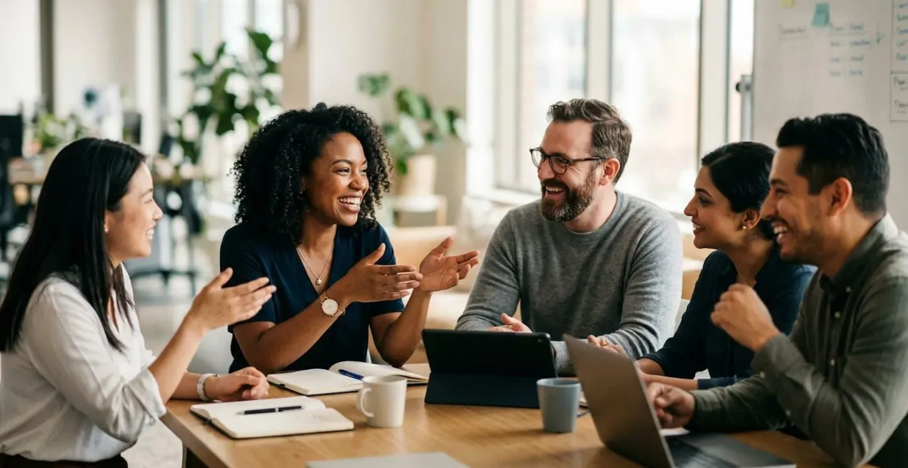 Équipe en réunion stratégique autour d'une table avec ordinateurs et documents