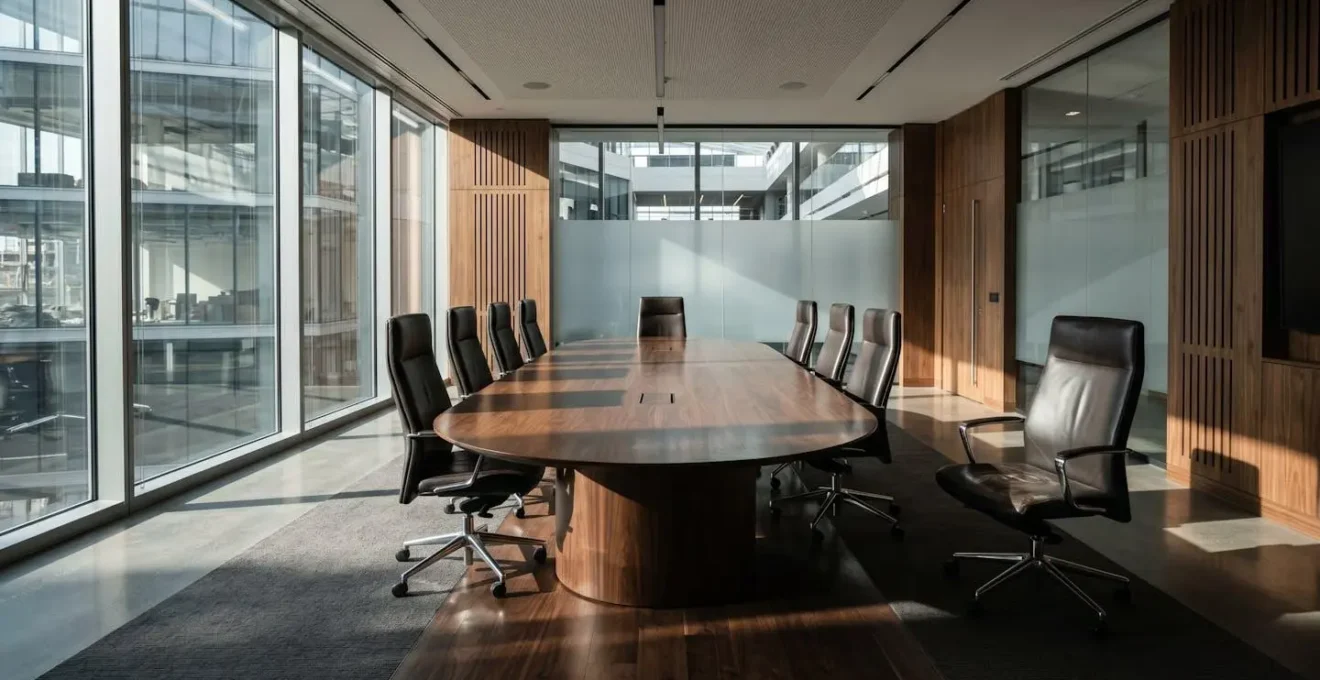 Salle de conseil d'administration avec chaises vides autour d'une table ovale, symbolisant la solitude et le risque de révocation du dirigeant.