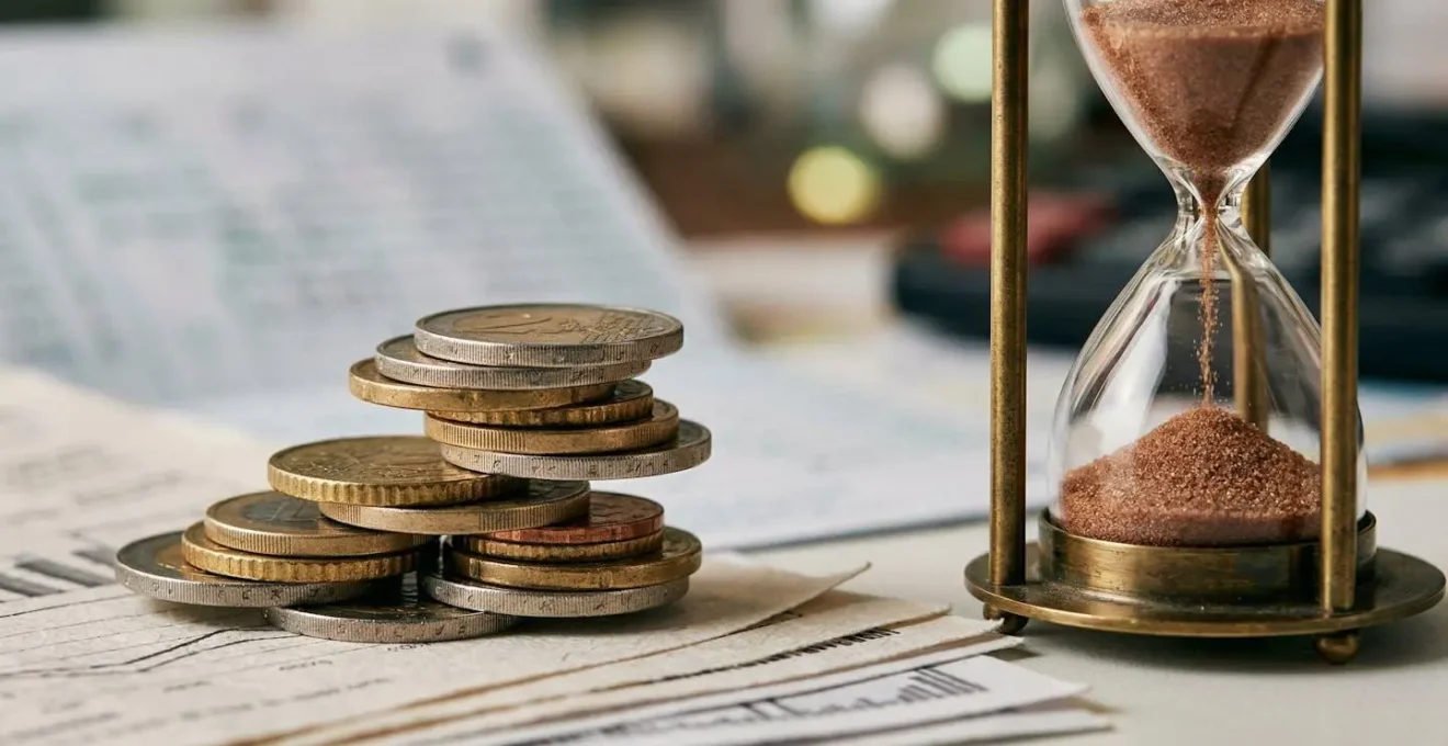 Illustration macro montrant des pièces de monnaie, factures et sablier représentant le cycle du BFR
