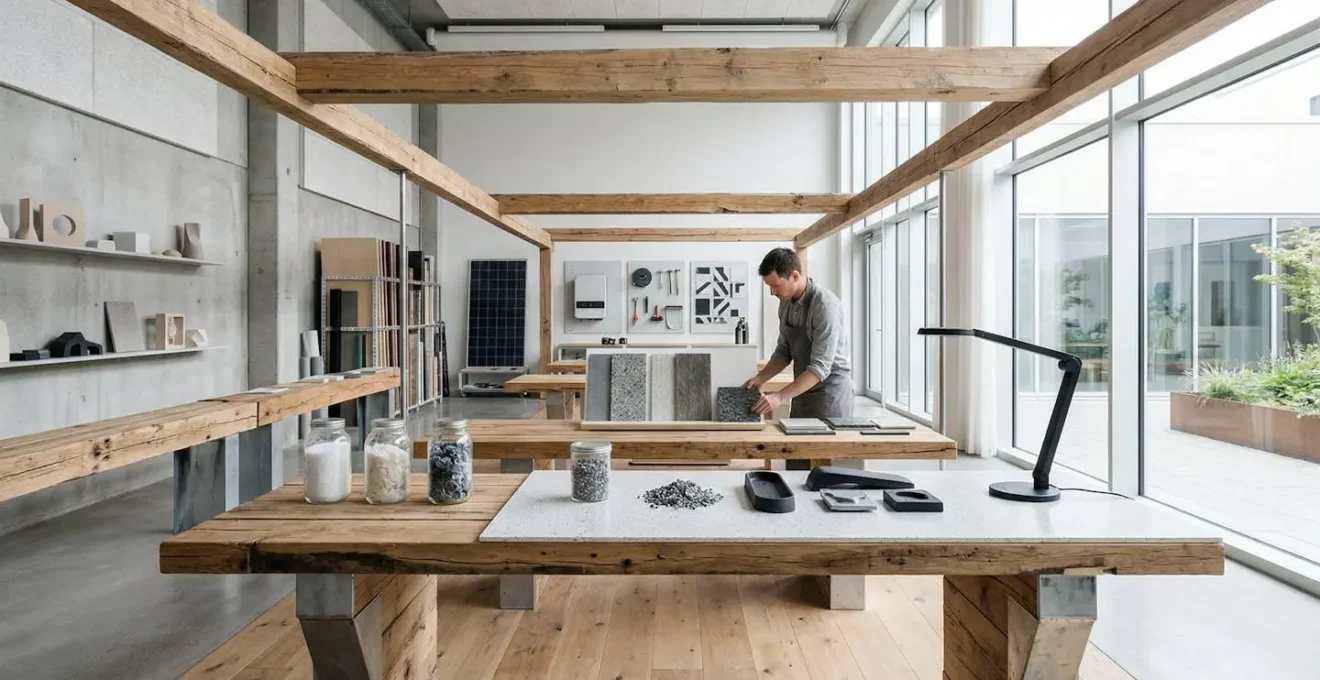 Vue minimaliste d'un espace de travail moderne intégrant des matériaux recyclés et une approche durable