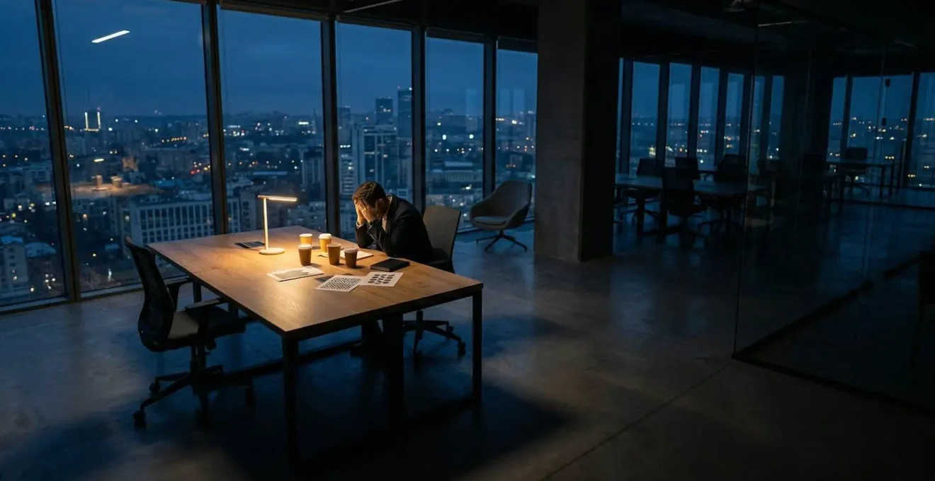 Entrepreneur épuisé travaillant tard dans son bureau, illustrant les signes du burn-out entrepreneurial