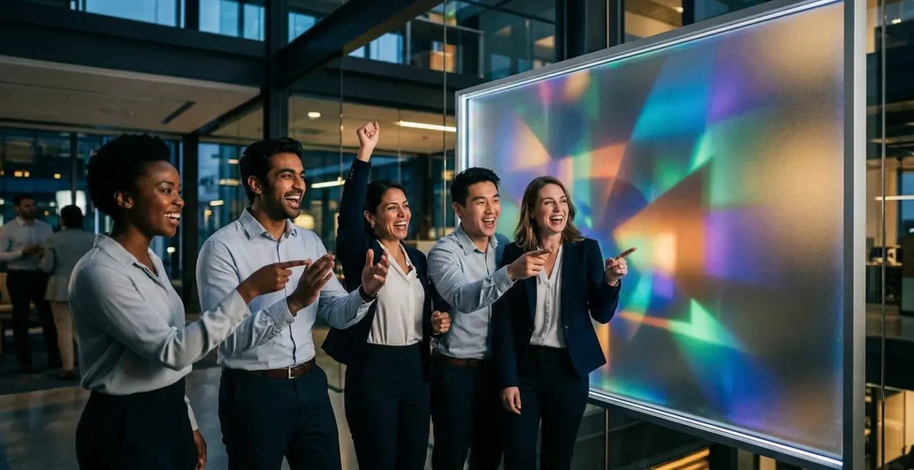 Équipe de PME célébrant des résultats positifs devant un écran de visualisation abstraite