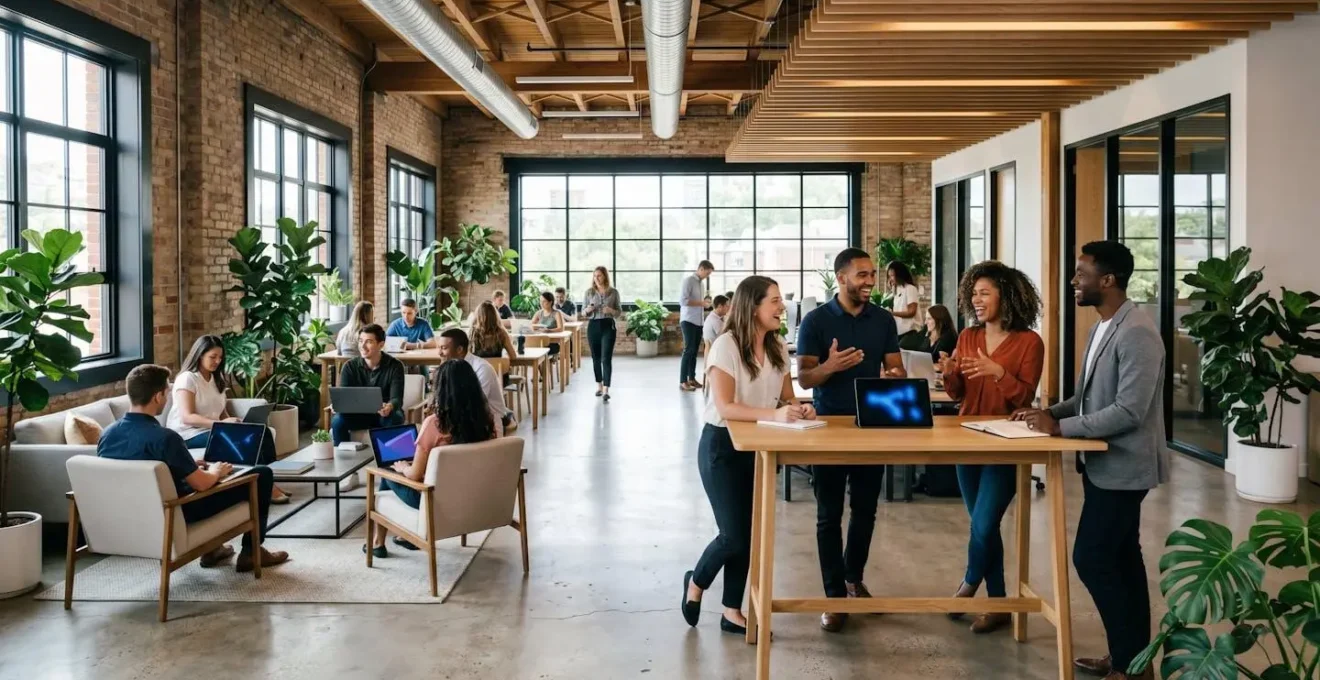 Groupe de jeunes entrepreneurs collaborant dans un espace de coworking moderne