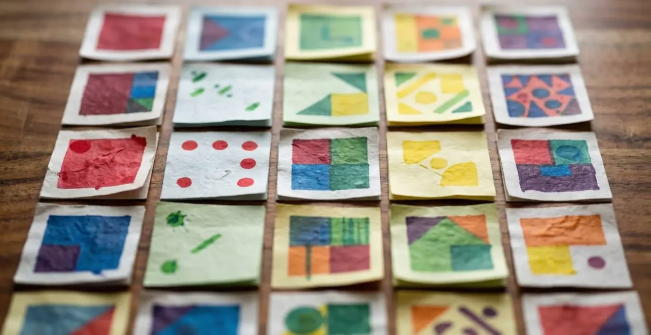 Macro photographie de post-its colorés organisés en grille sur une surface en bois, représentant visuellement une matrice d'analyse des frustrations clients.