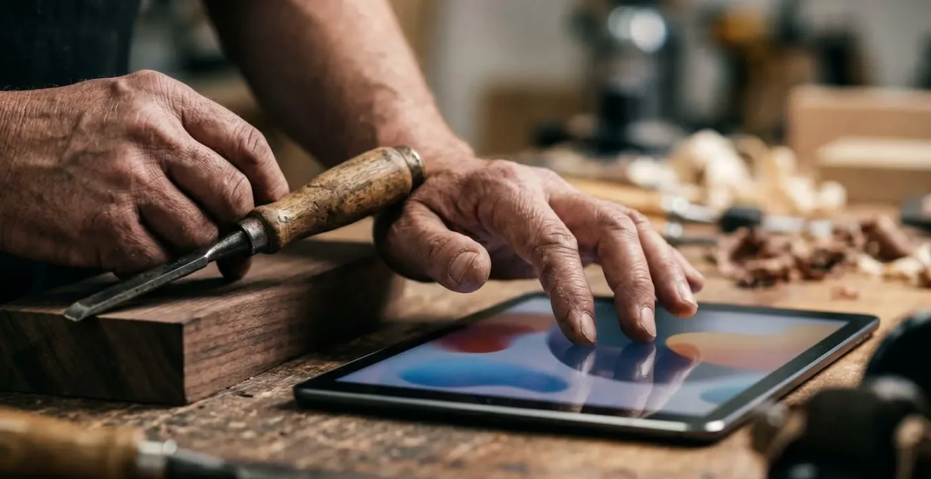 Gros plan macro sur des mains d'artisan manipulant à la fois des outils traditionnels et une tablette numérique