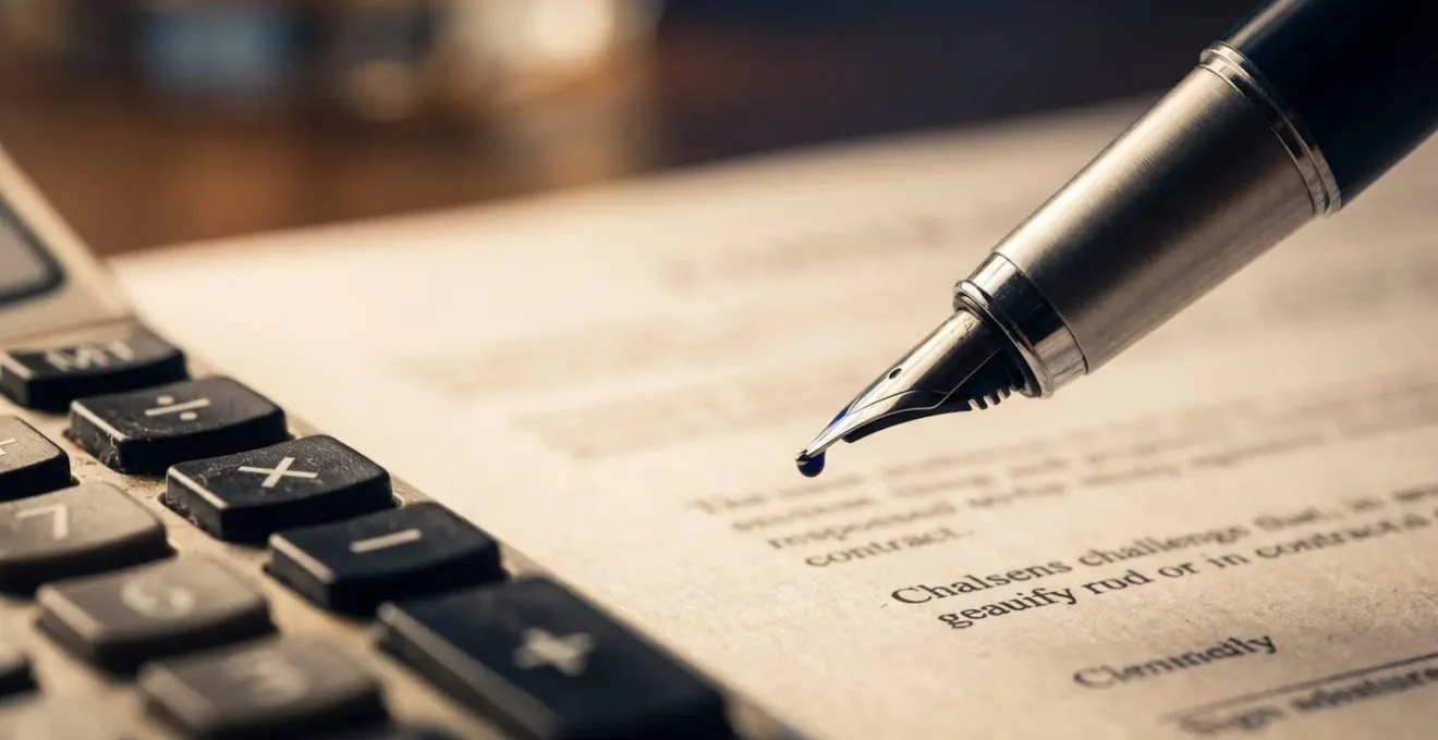 Gros plan macro sur des documents contractuels flous avec stylo et calculatrice, évoquant la renégociation stratégique