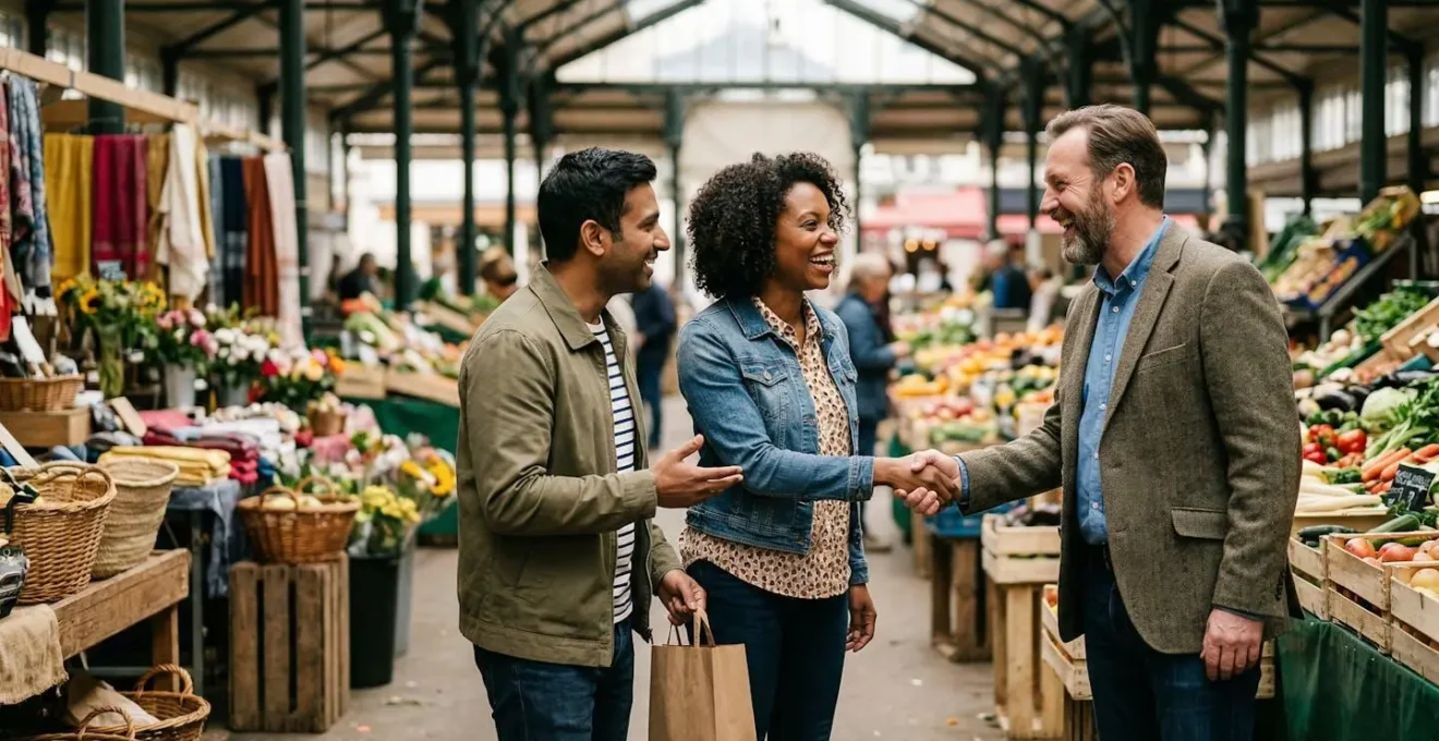 Trois entrepreneurs locaux échangent dans un marché couvert traditionnel français