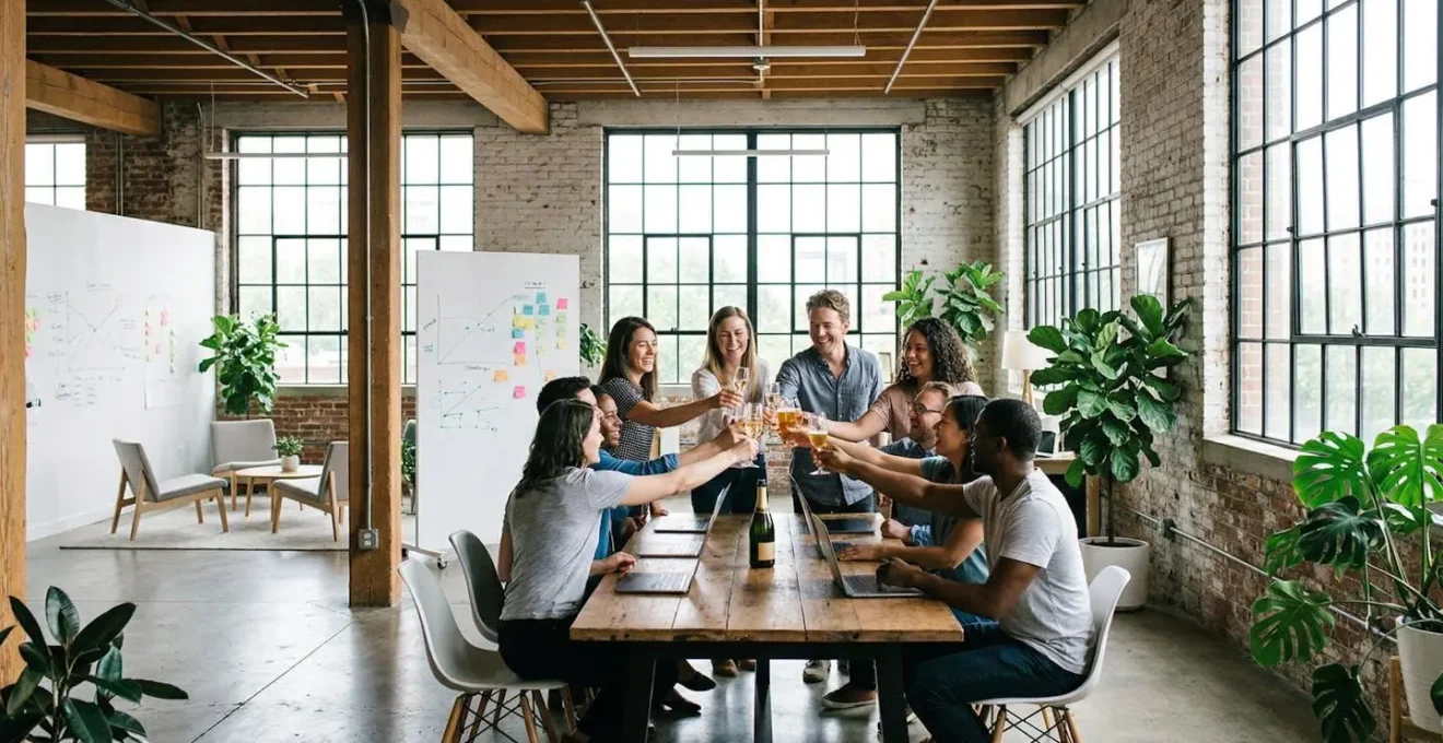 Équipe diverse célébrant dans un espace de coworking moderne