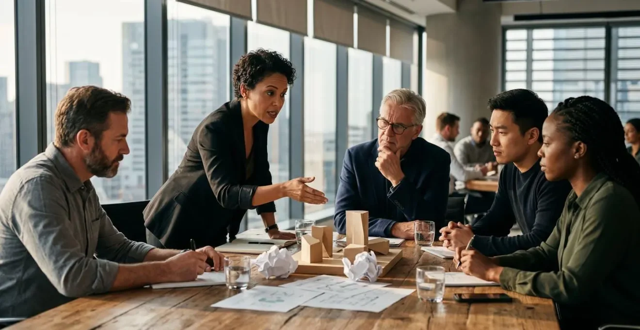 Équipe de professionnels analysant les risques potentiels d'un projet lors d'une session pre-mortem