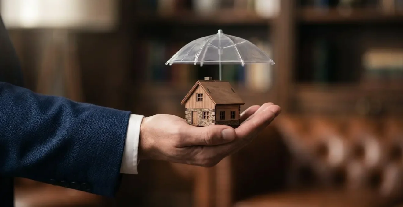 Main protégeant symboliquement une maison miniature sous un parapluie transparent, illustrant le rôle de l'assurance RCMS pour sanctuariser le patrimoine du dirigeant.