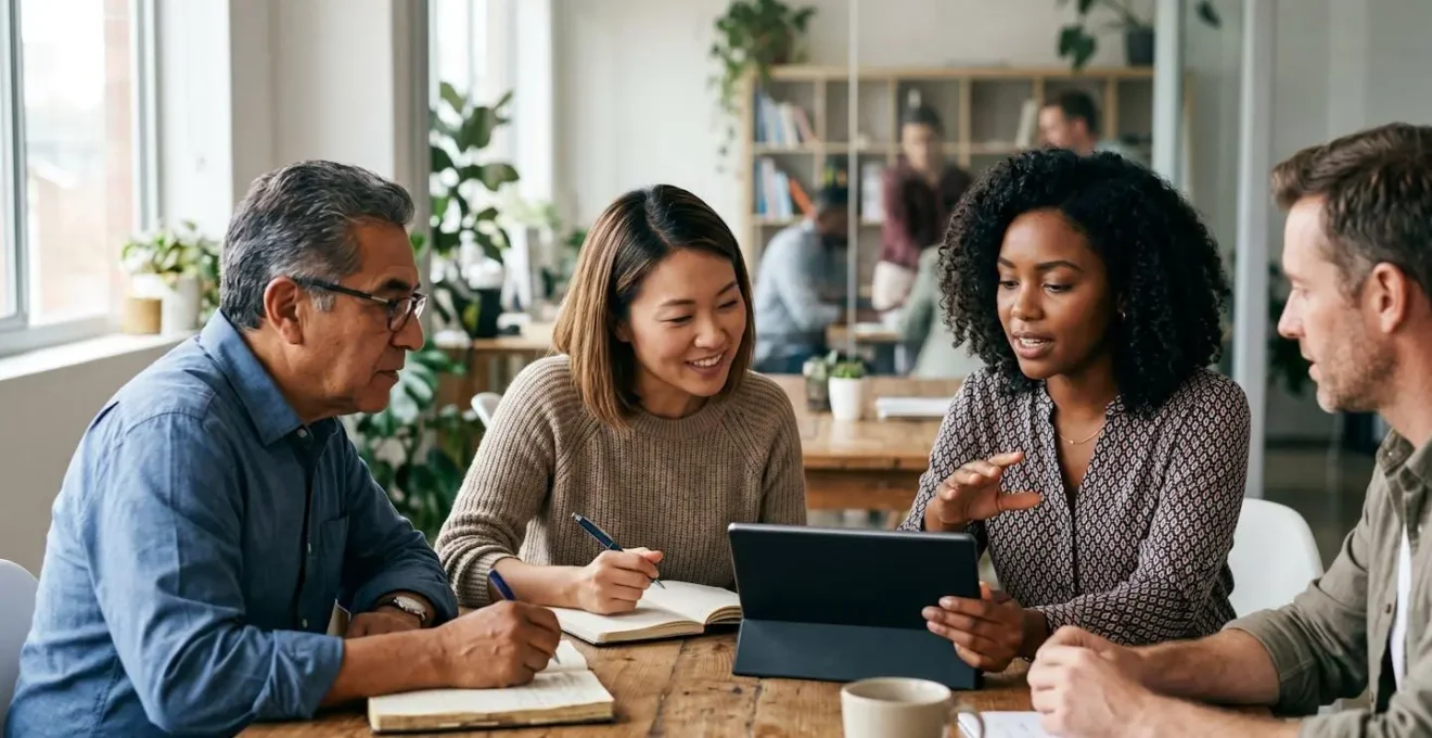 Professionnels en formation collaborative dans un espace de travail moderne
