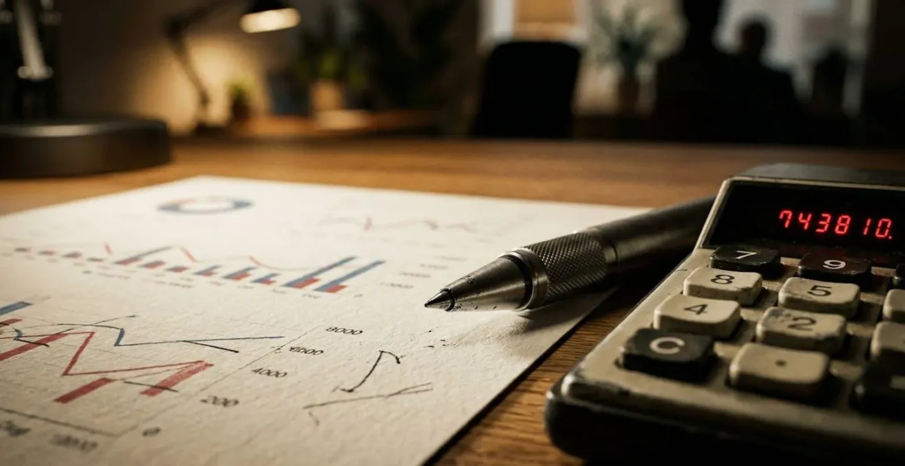 Vue macro de documents financiers et calculatrice sur bureau en bois
