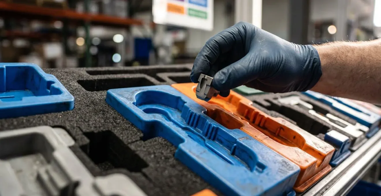 Système Poka-Yoke avec encoches colorées sur un poste d'emballage logistique
