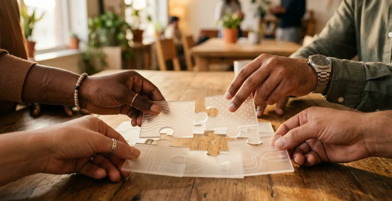 Mains assemblant des pièces de puzzle représentant un parcours entrepreneurial collaboratif