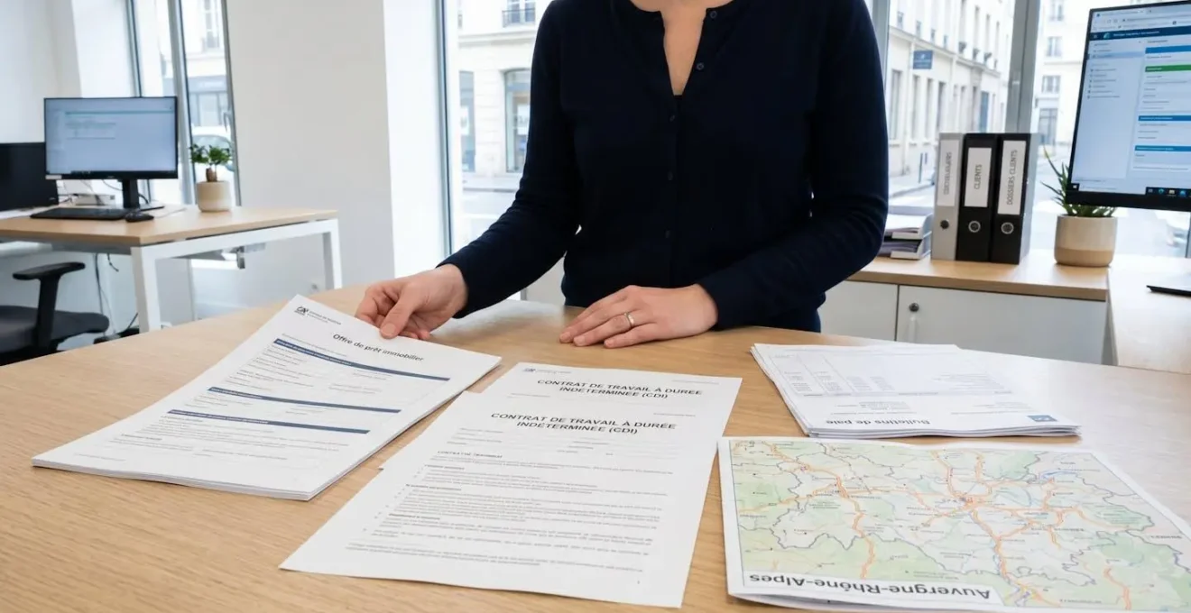 Bureau d'agence bancaire française moderne avec documents crédit immobilier, contrat CDI, bulletins de salaire et carte régionale, mains de conseiller pointant les documents
