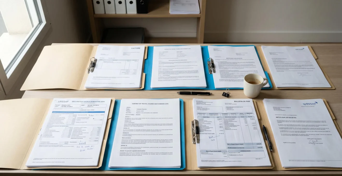 Bureau professionnel avec plusieurs dossiers ouverts comparant documents administratifs français URSSAF, contrats et bulletins de salaire côte à côte sous lumière naturelle