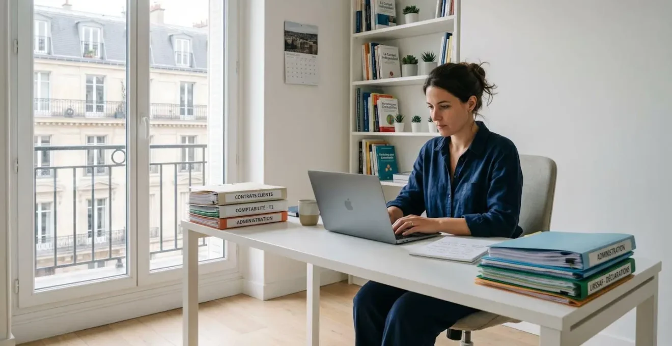 Consultante indépendante travaillant sur ordinateur portable dans bureau contemporain lumineux français avec documents administratifs organisés sur bureau blanc minimaliste