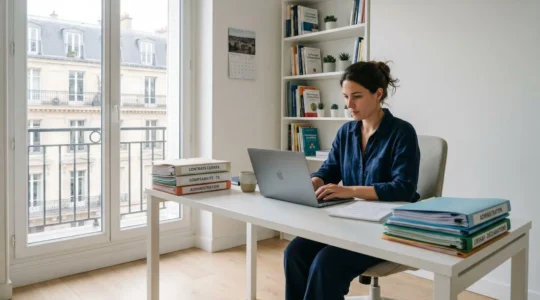 Consultante indépendante travaillant sur ordinateur portable dans bureau contemporain lumineux français avec documents administratifs organisés sur bureau blanc minimaliste