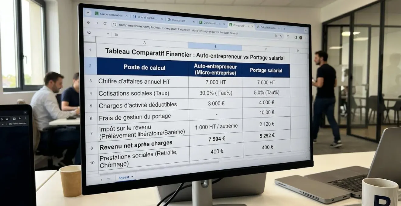 Écran ordinateur affichant tableur comparaison financière avec colonnes Auto-entrepreneur et Portage salarial, chiffres et calculs en français, bureau professionnel en arrière-plan